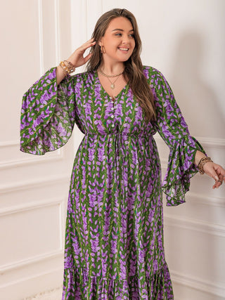 Shop Plus Size Printed V-Neck Long Sleeve Maxi Dress - High-Quality U.S. Made Women’s Fashion with Free Fast Shipping