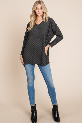 Shop BOMBOM Checkered Long Sleeve V-Neck T-Shirt - High-Quality U.S. Made Women’s Fashion with Free & Fast Shipping