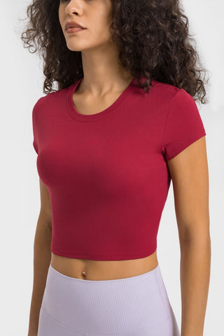 Shop Millennia Round Neck Short Sleeve Cropped Sports T-Shirt - High-Quality U.S. Made Women’s Fashion with Free & Fast Shipping