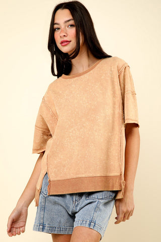 Shop Mocha VERY J Round Neck Exposed Seam Slit T-Shirt - High-Quality U.S. Made Women’s Fashion with Free & Fast Shipping