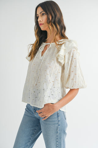 Shop MABLE Eyelet Lace Ruffle Shoulder Puff Sleeve Blouse - High-Quality U.S. Made Women’s Fashion with Free & Fast Shipping