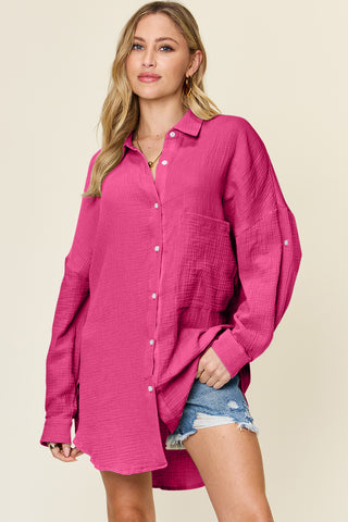 Shop Hot Pink Double Take Full Size Pocketed Texture Button Up Shirt - High-Quality U.S. Made Women’s Fashion with Free & Fast Shipping