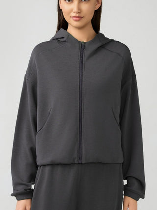 Shop Dark Gray Millennia Zip Up Dropped Shouder Active Hooded - High-Quality U.S. Made Women’s Fashion with Free & Fast Shipping