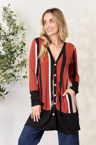 Shop Celeste Full Size Striped Button Up Long Sleeve Cardigan - High-Quality U.S. Made Women’s Fashion with Free & Fast Shipping