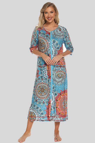 Shop Azure Printed Slit Night Dress with Pockets - High-Quality U.S. Made Women’s Fashion with Free & Fast Shipping