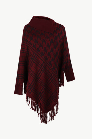 Shop Houndstooth Turtleneck Fringe Hem Poncho - High-Quality U.S. Made Women’s Fashion with Free Fast Shipping