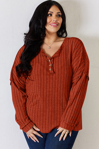 Shop Basic Bae Full Size Ribbed Half Button Long Sleeve T-Shirt - High-Quality U.S. Made Women’s Fashion with Free & Fast Shipping