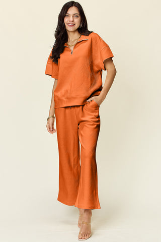 Shop Tangerine Double Take Full Size Texture Half Zip Short Sleeve Top and Pants Set - High-Quality U.S. Made Women’s Fashion with Free & Fast Shipping