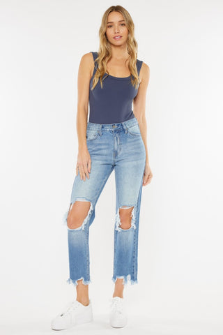 Shop Kancan High Waist Chewed Up Straight Mom Jeans - High-Quality U.S. Made Women’s Fashion with Free & Fast Shipping