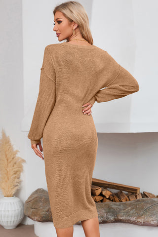 Shop Half Button Long Sleeve Midi Sweater Dress - High-Quality U.S. Made Women’s Fashion with Free & Fast Shipping