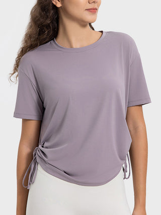 Shop Lilac Millennia Drawstring Round Neck Short Sleeve Active T-Shirt - High-Quality U.S. Made Women’s Fashion with Free & Fast Shipping