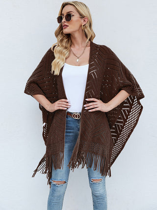 Shop Coffee Brown Fringe Hem Open Front Poncho - High-Quality U.S. Made Women’s Fashion with Free & Fast Shipping