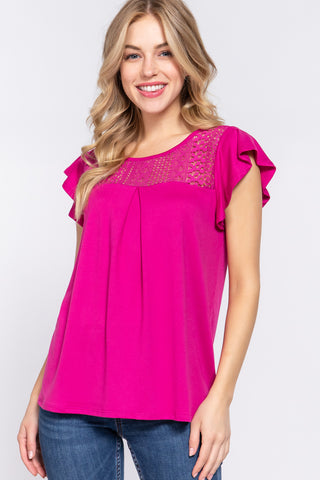 Shop MAGENTA ACTIVE BASIC Ruffle Short Sleeve Lace Detail Knit Top - High-Quality U.S. Made Women’s Fashion with Free & Fast Shipping