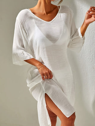 Shop Slit V-Neck Flounce Sleeve Cover-Up - High-Quality U.S. Made Women’s Fashion with Free & Fast Shipping