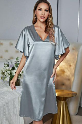 Shop Satin Flutter Sleeve Side Slit V-Neck Night Dress - High-Quality U.S. Made Women’s Fashion with Free & Fast Shipping