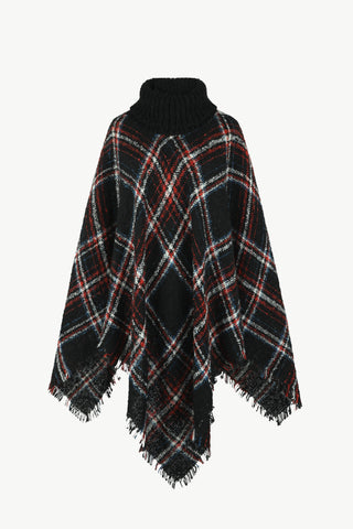 Shop Plaid Turtleneck Fringe Hem Poncho - High-Quality U.S. Made Women’s Fashion with Free Fast Shipping