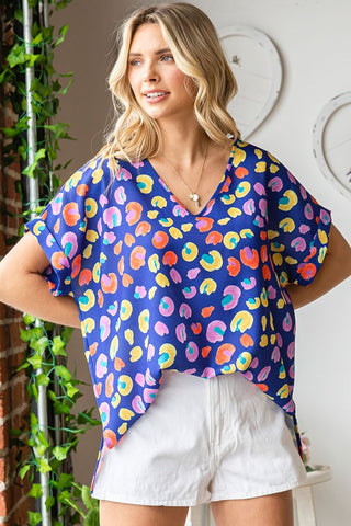 Shop First Love Printed V-Neck Short Sleeve Blouse - High-Quality U.S. Made Women’s Fashion with Free & Fast Shipping