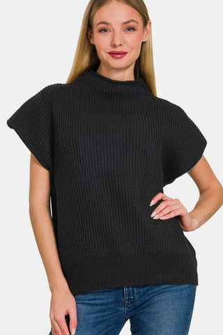 Shop Black Zenana Short Sleeve Mock Neck Sweater - High-Quality U.S. Made Women’s Fashion with Free & Fast Shipping