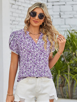 Shop Floral Notched Neck Blouse - High-Quality U.S. Made Women’s Fashion with Free & Fast Shipping