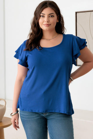 Shop Royal Blue Gilli Plus Size Short Fluttery Sleeve Round Neck Top - High-Quality U.S. Made Women’s Fashion with Free & Fast Shipping