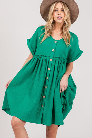 Shop Kelly Green SAGE + FIG Full Size Button Up Short Sleeve Dress - High-Quality U.S. Made Women’s Fashion with Free & Fast Shipping