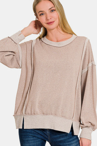 Shop Ash Mocha Zenana Washed Exposed-Seam Sweatshirt - High-Quality U.S. Made Women’s Fashion with Free & Fast Shipping