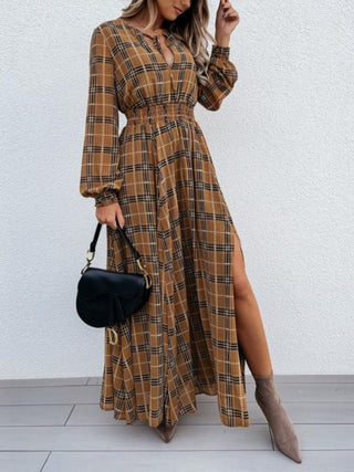 Shop Camel Slit Plaid Tie Neck Long Sleeve Maxi Dress - High-Quality U.S. Made Women’s Fashion with Free & Fast Shipping