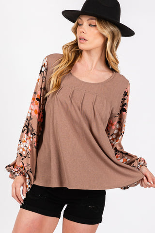 Shop Brown SAGE + FIG Floral Long Sleeve Front Pleated Detail Blouse - High-Quality U.S. Made Women’s Fashion with Free & Fast Shipping