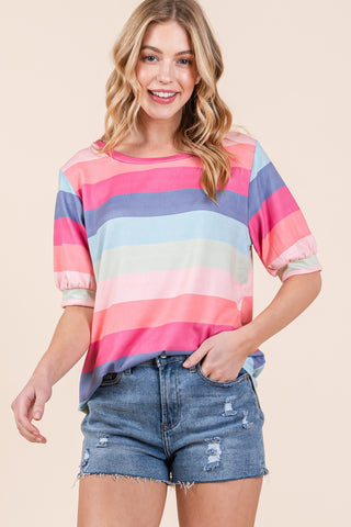 Shop BOMBOM Striped Round Neck Half Sleeve T-Shirt - High-Quality U.S. Made Women’s Fashion with Free & Fast Shipping