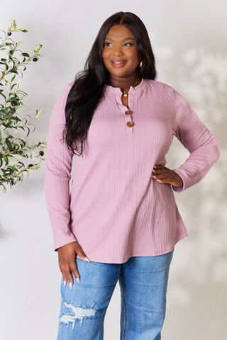 Shop MAUVE Celeste Full Size Texture Half Button Long Sleeve Blouse - High-Quality U.S. Made Women’s Fashion with Free & Fast Shipping