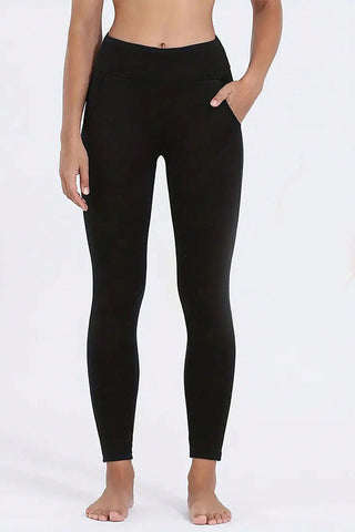 Shop Black High Waist Wide Waistband Fleece Leggings - High-Quality U.S. Made Women’s Fashion with Free & Fast Shipping