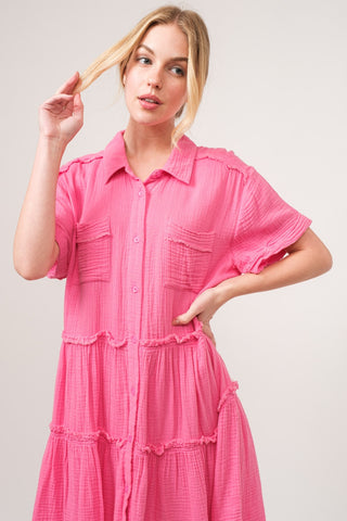 Shop And The Why Full Size Raw Edge Washed Tiered Shirt Dress - High-Quality U.S. Made Women’s Fashion with Free & Fast Shipping