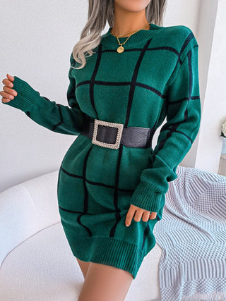 Shop Plaid Round Neck Dropped Shoulder Sweater Dress - High-Quality U.S. Made Women’s Fashion with Free & Fast Shipping