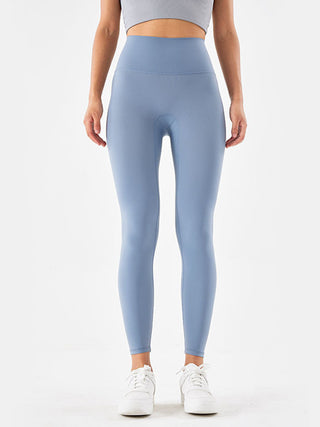 Shop Misty Blue Wide Waistband Sports Leggings - High-Quality U.S. Made Women’s Fashion with Free & Fast Shipping