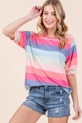 Shop Multicolor BOMBOM Striped Round Neck Half Sleeve T-Shirt - High-Quality U.S. Made Women’s Fashion with Free & Fast Shipping