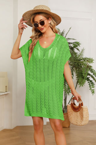 Shop Green One Size Openwork Side Slit Knit Dress - High-Quality U.S. Made Women’s Fashion with Free & Fast Shipping