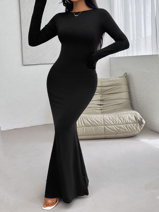 Shop Devine Backless Round Neck Long Sleeve Maxi Dress - High-Quality U.S. Made Women’s Fashion with Free Fast Shipping