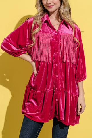 Shop And The Why Fringe Detailed Velvet Shirt Dress - High-Quality U.S. Made Women’s Fashion with Free & Fast Shipping