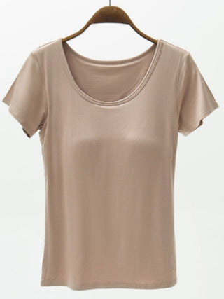 Shop Khaki Round Neck Modal T-Shirt with Bra - High-Quality U.S. Made Women’s Fashion with Free & Fast Shipping