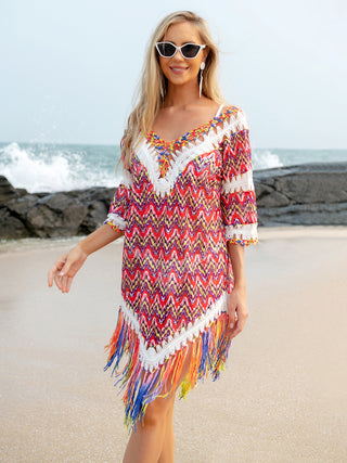 Shop Strawberry One Size Fringe V-Neck Half Sleeve Cover-Up - High-Quality U.S. Made Women’s Fashion with Free & Fast Shipping