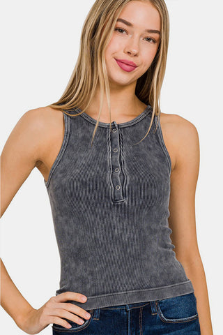 Shop Ash Black Zenana Washed Ribbed Half Snap Seamless Tank - High-Quality U.S. Made Women’s Fashion with Free & Fast Shipping