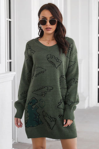 Shop Army Green Dinosaur Pattern V-Neck Sweater Dress - High-Quality U.S. Made Women’s Fashion with Free & Fast Shipping