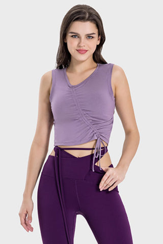 Shop Millennia Drawstring Ruched Wide Strap Active Tank - High-Quality U.S. Made Women’s Fashion with Free & Fast Shipping