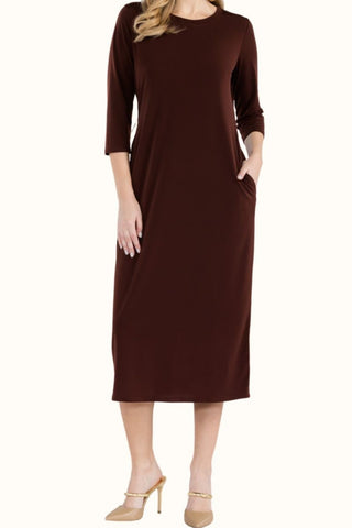 Shop BROWN Celeste Full Size Round Neck Midi Dress - High-Quality U.S. Made Women’s Fashion with Free & Fast Shipping