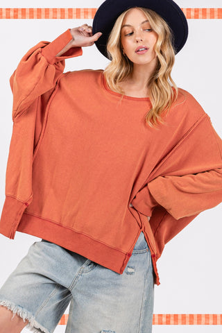 Shop SAGE + FIG Mineral Wash Side Slit Oversized Sweatshirt - High-Quality U.S. Made Women’s Fashion with Free & Fast Shipping