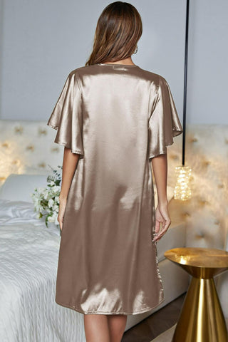 Shop Satin Flutter Sleeve Side Slit V-Neck Night Dress - High-Quality U.S. Made Women’s Fashion with Free & Fast Shipping