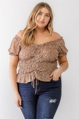 Shop Mocha Zenobia Plus Size Frill Ruched Off-Shoulder Short Sleeve Blouse - High-Quality U.S. Made Women’s Fashion with Free & Fast Shipping