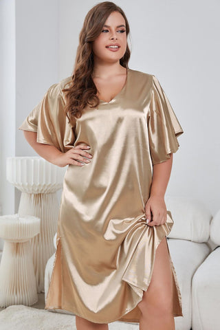 Shop Plus Size Flutter Sleeve V-Neck Side Slit Night Gown - High-Quality U.S. Made Women’s Fashion with Free Fast Shipping