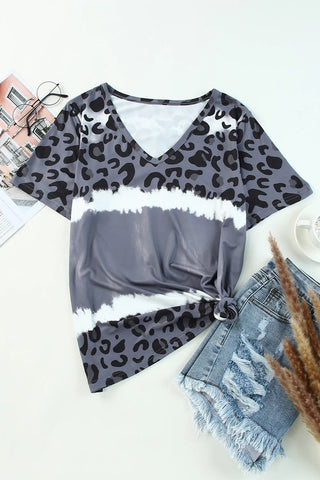 Shop Leopard V-Neck Short Sleeve T-Shirt - High-Quality U.S. Made Women’s Fashion with Free & Fast Shipping