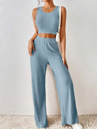 Shop Light Blue Ribbed Round Neck Tank and Pants Sweater Set - High-Quality U.S. Made Women’s Fashion with Free & Fast Shipping